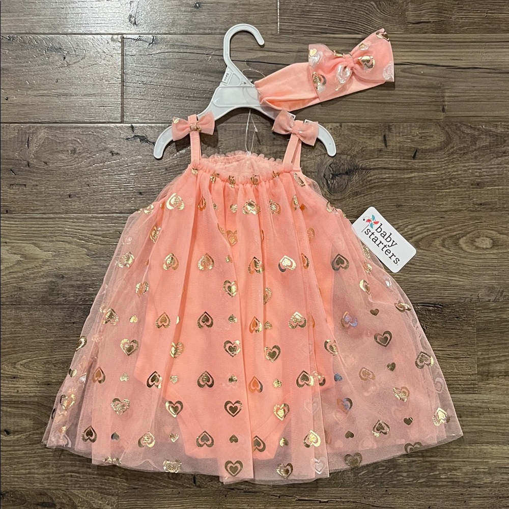Baby Starters Coral Dress with Gold Heart Details and Headband